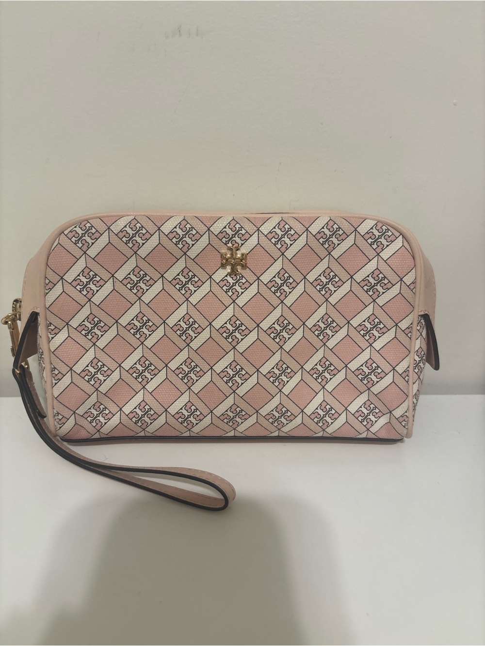 Tory Burch Pink Geometric Logo Wristlet with Gold Accent